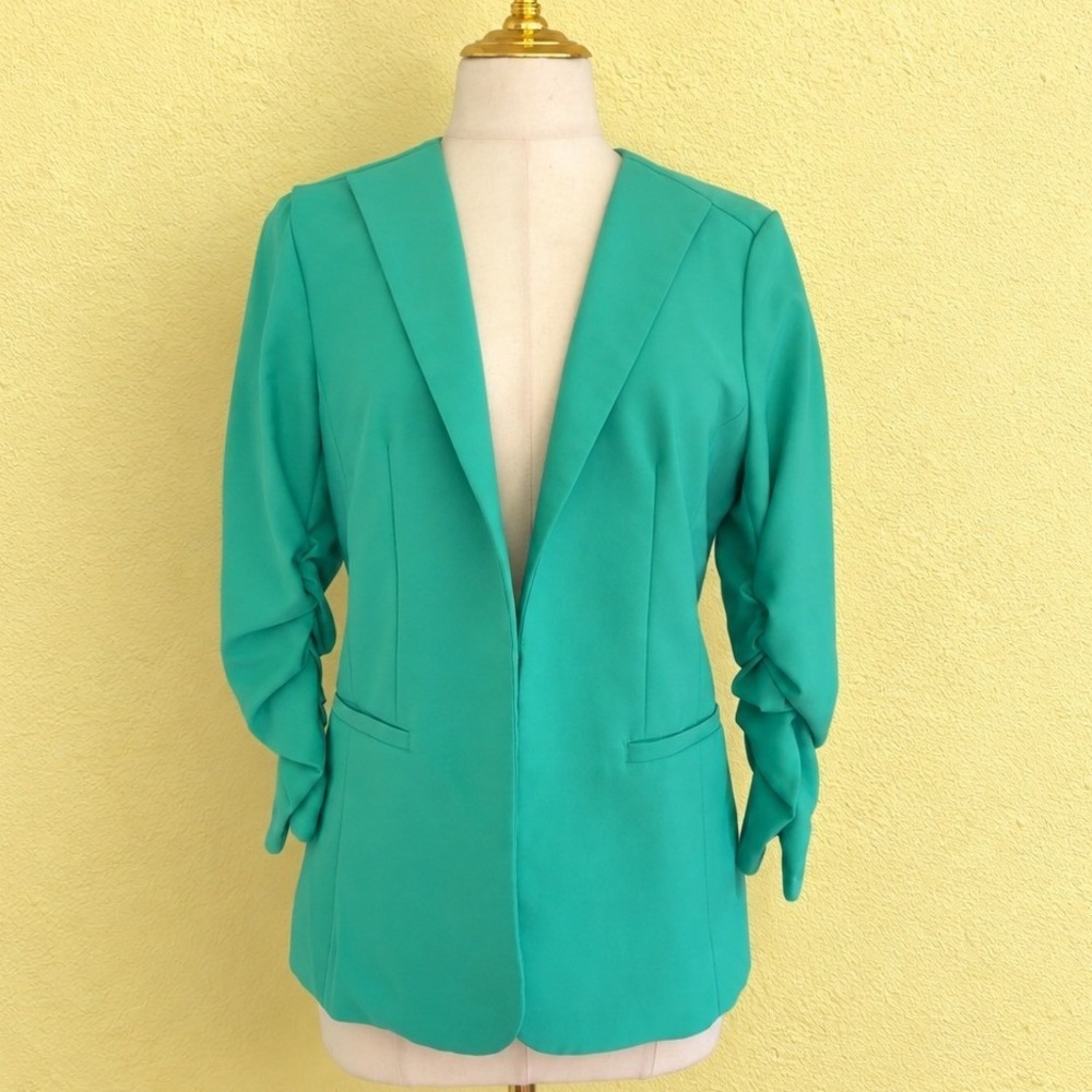 Skies Are Blue Blazer Womens Large Teal Green Ruched Sleeve Floral Lined 21406